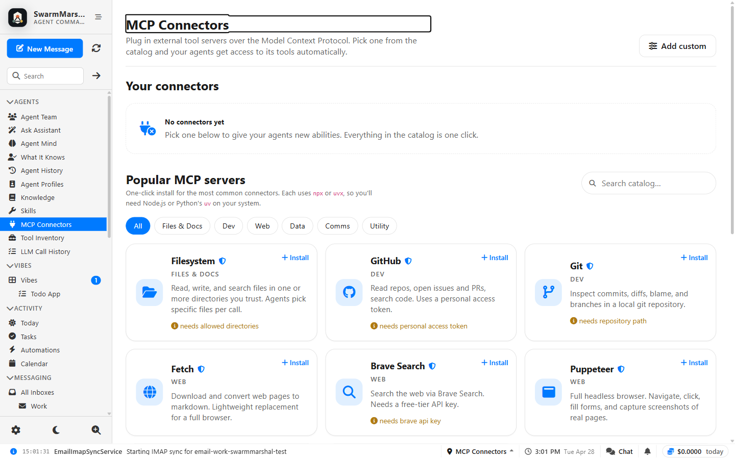 SwarmMarshal MCP connectors screenshot