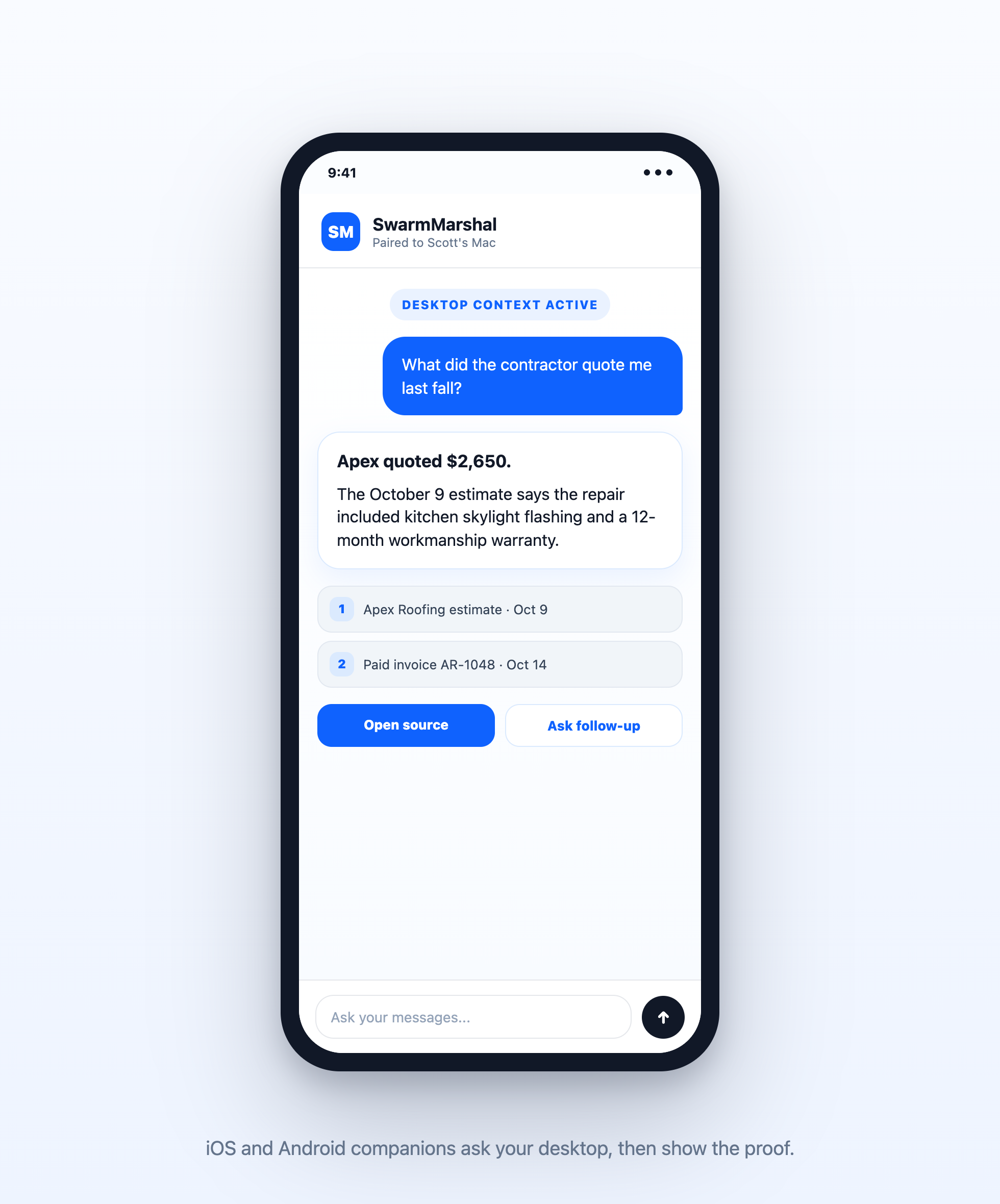 SwarmMarshal mobile companion app screenshot