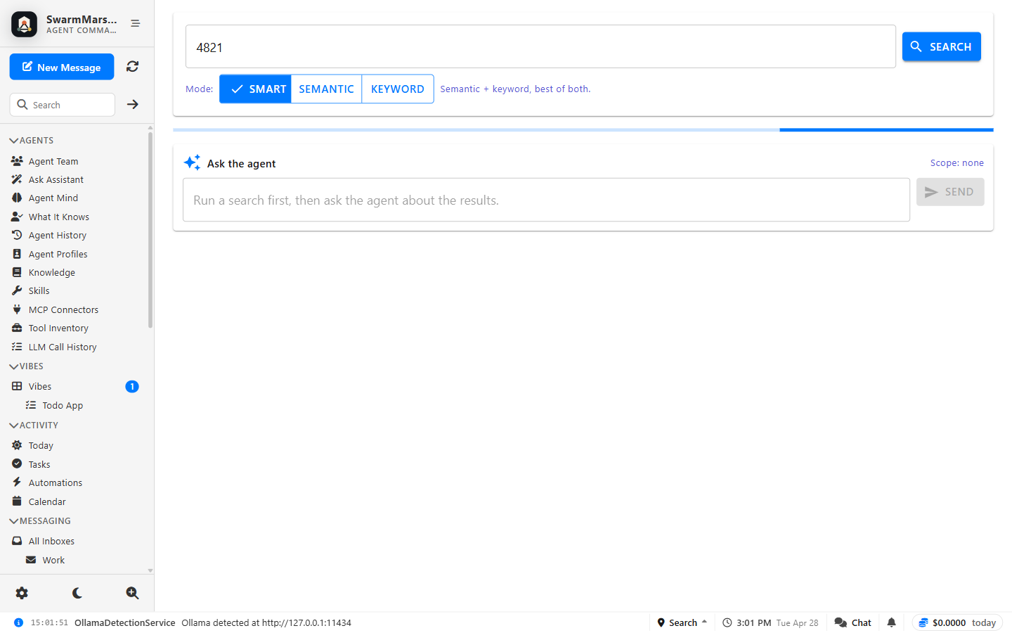 Search results across SwarmMarshal messages