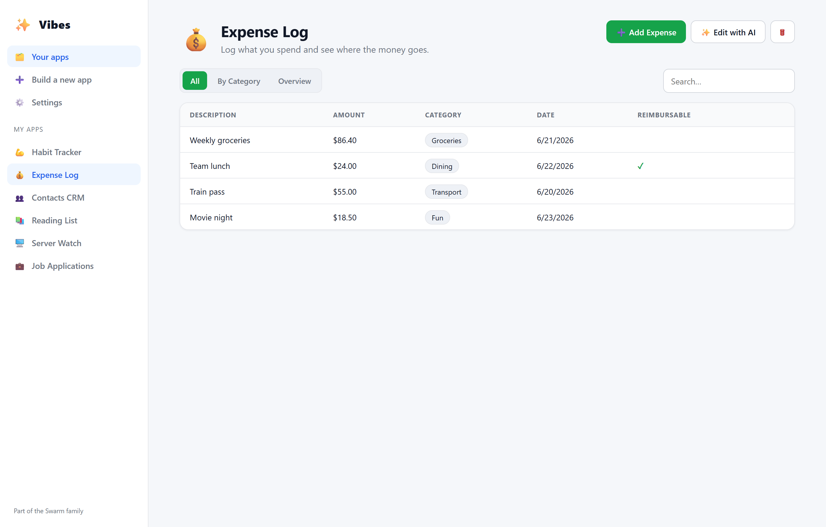 A Vibes-generated database table with typed columns